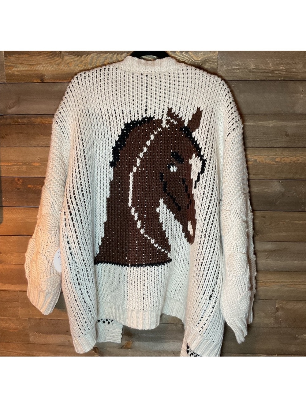REVOLVE Cream Open-Knit Cardigan with Black Horse Motif - Picture 2 of 6
